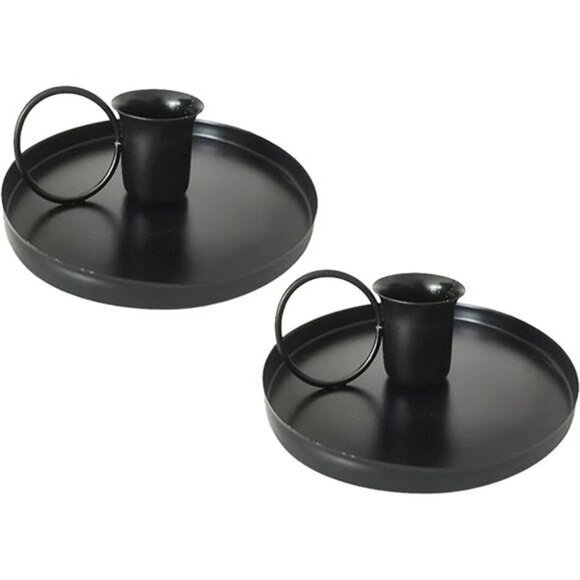 Set of 2 black iron taper candle holders 4 inch round base wedding table decor - Picture 7 of 7